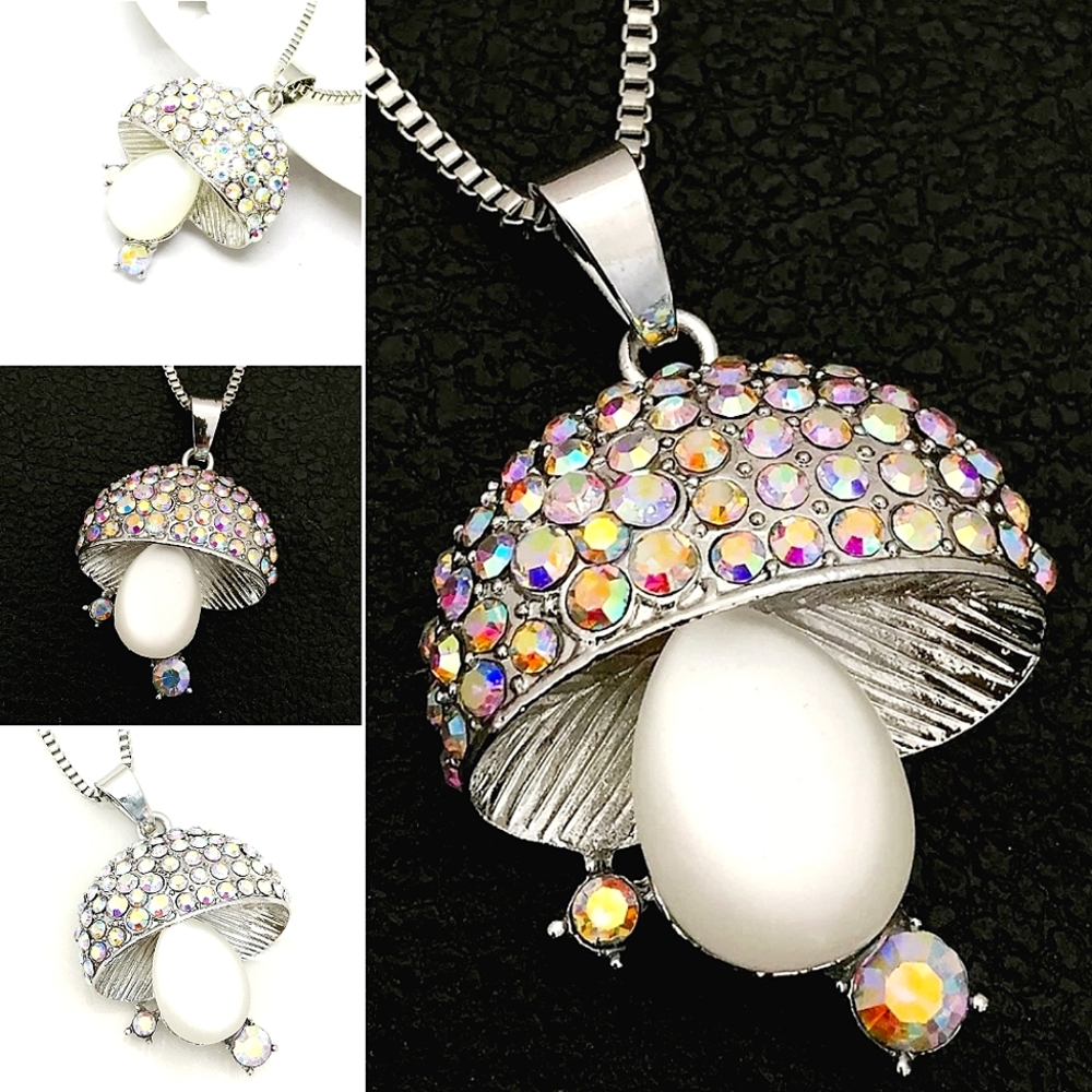 Silver crystal opalescent mushroom pendant necklace